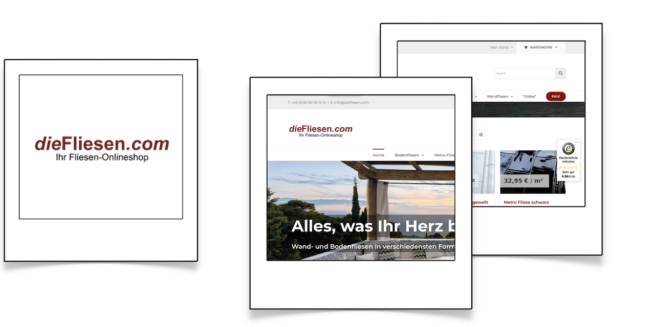 Ausschnitte des Website-Layouts für dieFliesen.com mit Link zur fertigen Website